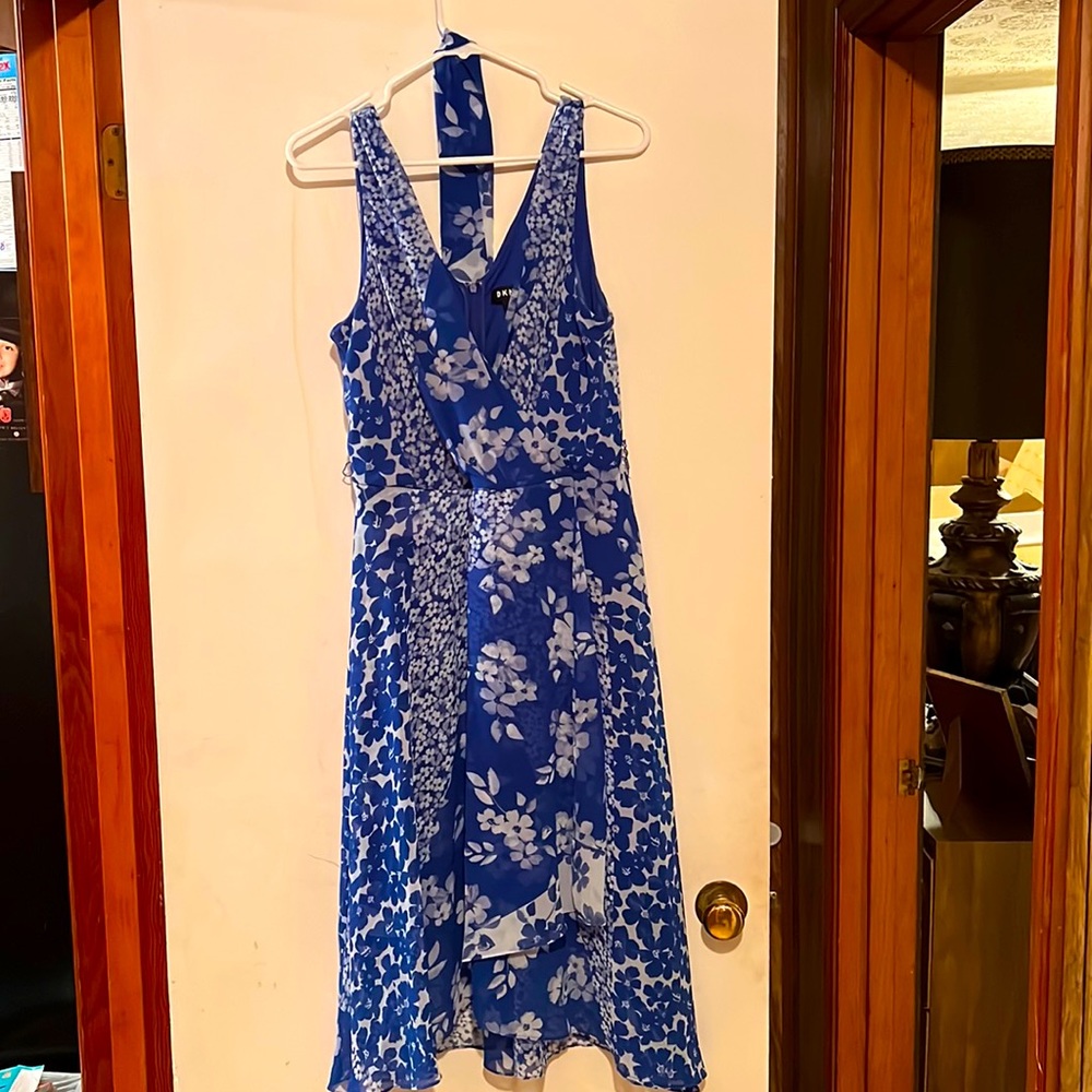 DKNY Blue Floral Dress with Sash